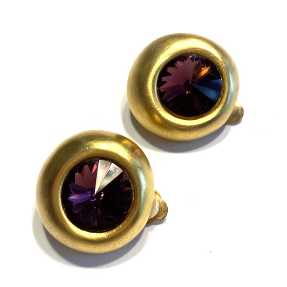 Chunky Y2K Clip On Earrings Brushed Goldtone & Huge Purple Rhinestones Mod Round - Picture 2 of 7